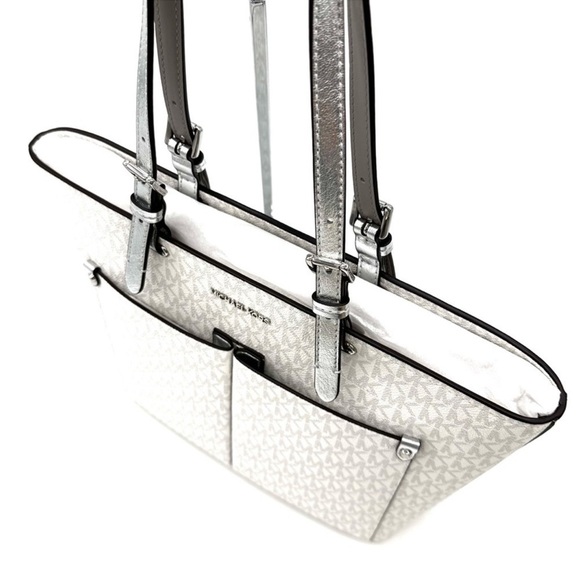 Michael Kors Jet Set Medium Logo Pocket Tote Bag Vanilla/Grey - Picture 6 of 13